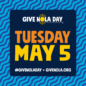 Logo for Give Nola Day. Blue squiggles background with solid blue square on top. The words "Give Nola Day, Tuesday May 5." The hashtag "#GIVENOLADAY" The website "givenola.org"